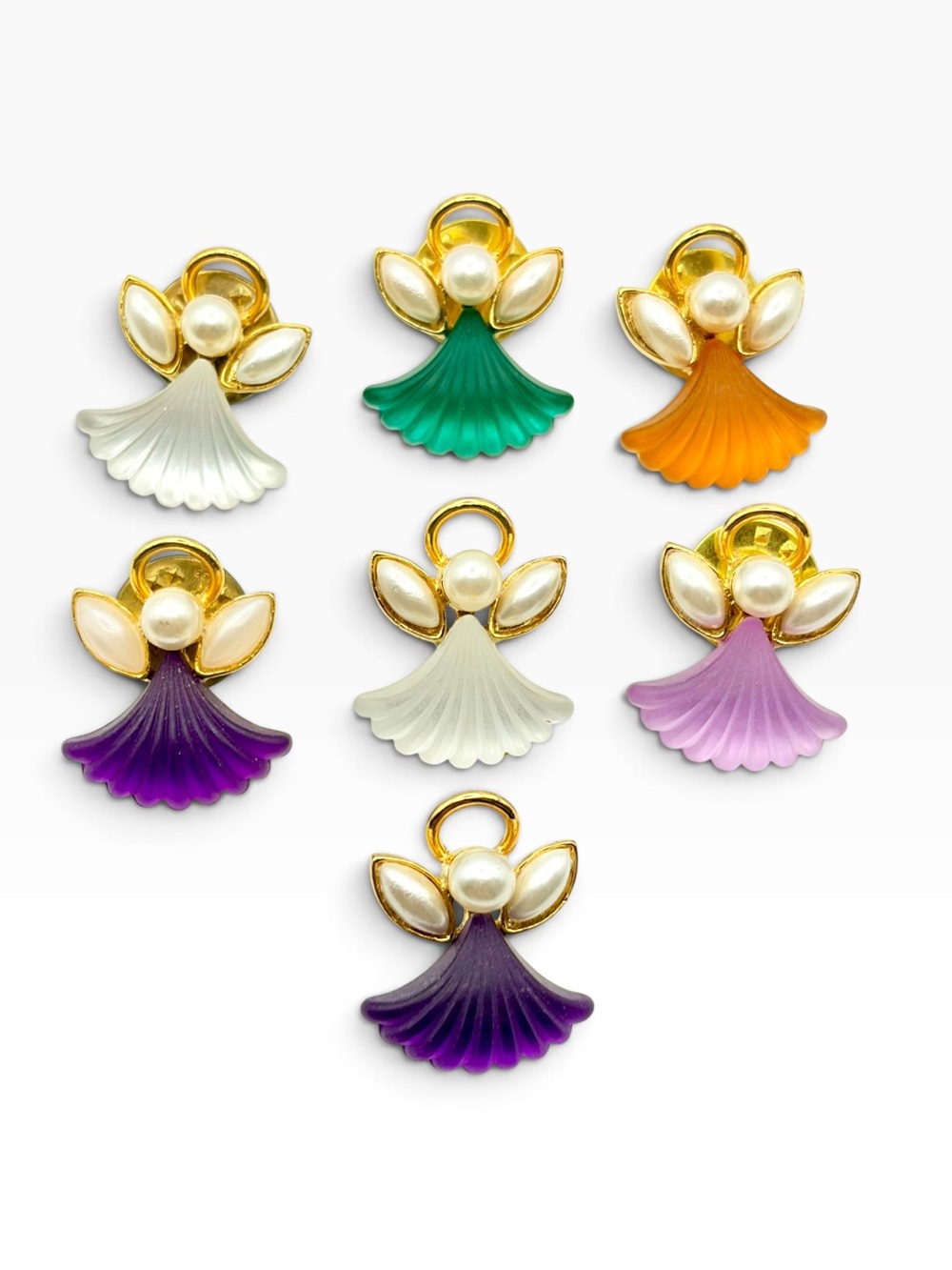 VTG Olit Inc USA Gold Tone Faux Pearl Angel Lapel Pin Lot 7pc Lucite